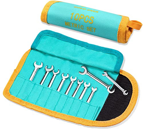 GOLD DEER 10 Pcs Mini Double Open End Wrench Set Standard Metric 4-11mm Extra Slim Open End Angle Wrench Set with Storage Roll Pouch, Small Double Open End Spanner Wrench Set Ignition Wrench Set