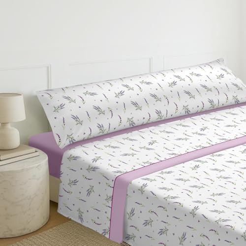 MERCURY TEXTIL – Juego Sábanas de Cama Estampadas 3 Piezas (50% algodón/50% poliéster) Incluye Funda de Almohada + Encimera + Bajera Ajustable. (Cama de 90 cm, Lavanda)