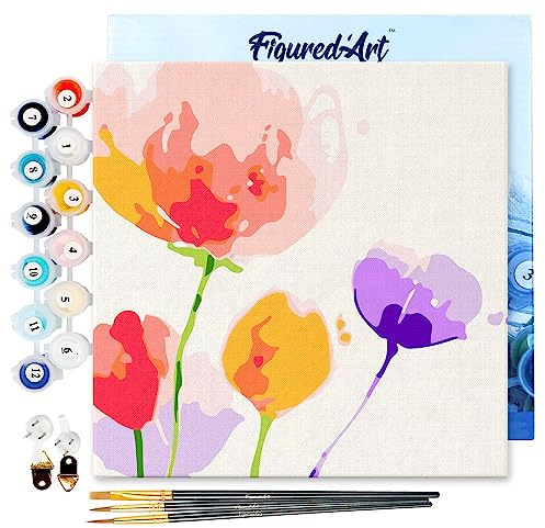 Figured'Art Mini Pintar por Números 20x20cm con marco para Adultos Flores de color - Manualidades con pintura acrílica - Kit Cuadro DIY completo