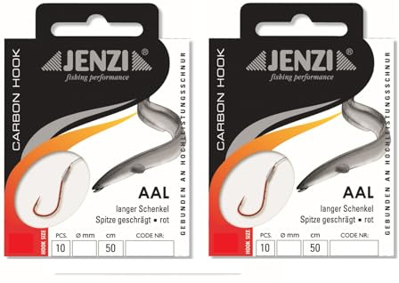 Set: 2 Packungen gebundene Aal Haken von Jenzi, (20 Stück) an Mono Schnur Vorfach fertig + gratis Petri heil! Aufkleber. (Hakengröße # 2)
