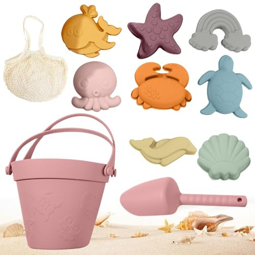CLIUNT Sandspielzeug Set aus Silikon, 10 Stück Silikon Strandspielzeug Set, Strandspielzeug für Kinder, mit Eimer, Schaufeln und 8 Sandformen(Meereskreaturen), für Jungen und Mädchen