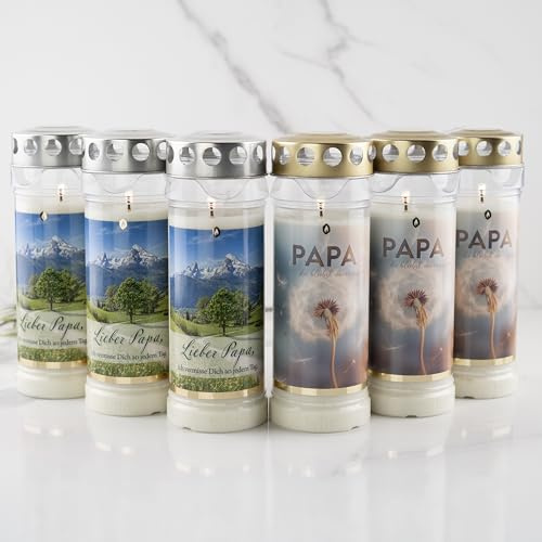 Uppsättning av 6 gårdsgrabljus 7 dagars brinntid – originalet [Papa Select] regnsäker | ljus med lock | gravljus, kyrkogård ljus med motiv och ordstäv | ljus för gravdekoration