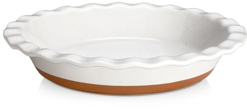 MALACASA Ceramic Pie Dishes, Pie Pan for Baking 9 Inch,40 OZ Pie Plate Round Pie Dish for Baking Fluted Pie Dish Baking Pan, Non Stick Deep Pie Dishes for Quiche (White and Brown, 1 PC)