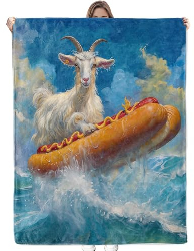 Bidesk Surfer Goat Blanket - Soft, Cozy, Lightweight, Warm & Fuzzy Flannel Throw Blankets, Playful Goat Riding a Hot Dog, Perfect for Living Room, Bed, Travel & Couch - for Men Women Adults 60×50