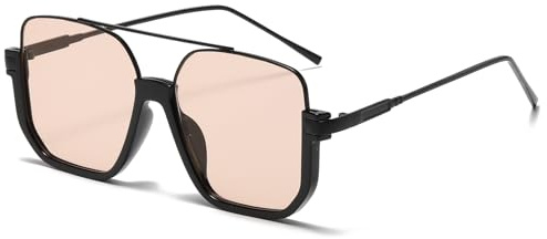 Long Keeper Retro Oversize Pilot Sunglasses for Women Men Aviation Sunglasses Square Double Bridge Sun Glasses Semi-Rimless Vintage Shades UV400 Protection (Black Frame - Light Brown Lens)