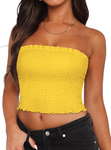 florynova Top a tubo da donna estivo senza schienale plissettato crop top slim fit camicia senza maniche, Giallo tinta unita., M