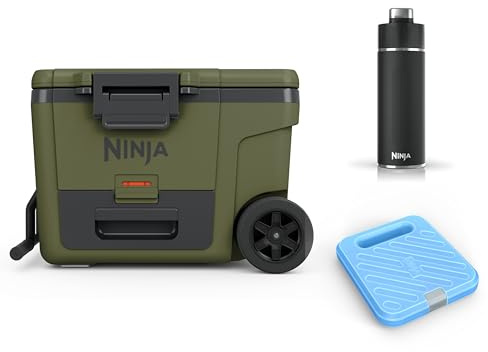 Ninja FrostVault Ghiacciaia portatile isolante robusta con borraccia Ninja Thirsti e mattonella refrigerante grande, ghiacciaia premium con ruote e scomparto frigo integrato, verde, FB245AMZEUUKGN