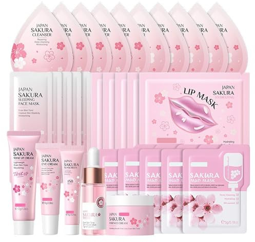 Sakura Skincare Kit per la cura della pelle per ragazze adolescenti, kit per la cura del viso anti-età, kit quotidiano per la cura della pelle da donna