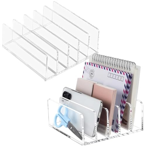 BAIFULAI Lot de 2 porte-lettres en acrylique - 12,2 x 12,2 x 5,3 cm - Avec 5 compartiments - Porte-documents en acrylique - Organiseur de bureau vertical - Support pour bureau