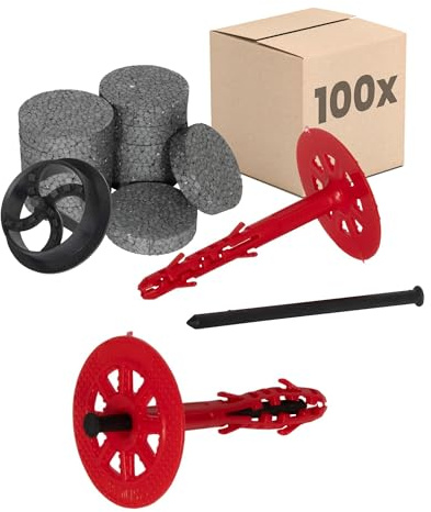 PROTEKTOR isoleringspluggar Set Ø10x140mm med plastspik (100 Stycke + 200 rondelle + 1 Fräs för isoleringsplugg) för ETICS & fasadisolering, ETA-certifierade Termopluggar