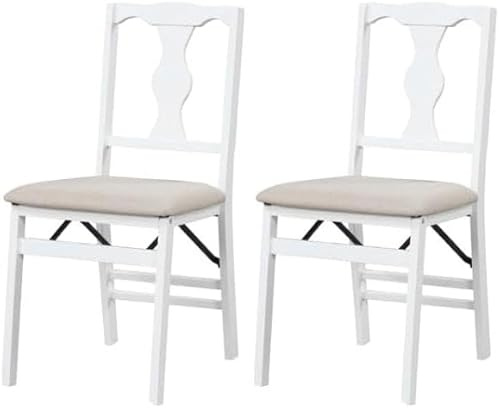 TANGZON Folding Chairs Set of 2/4, Rubber Wood Padded Dining Chairs with Backrest, Home Kitchen Guest Conference Office Upholstered Seats (Linen Fabric Seat, Vase Pattern Back, 2PCS, Beige+White)
