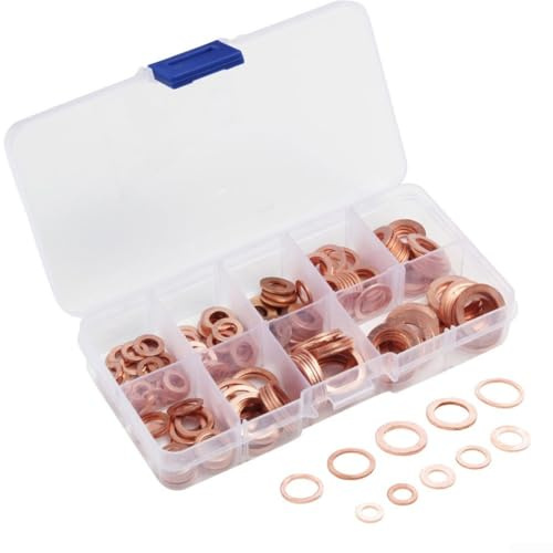 Juego de 200 arandelas de cobre surtidas, juntas de drenaje M5-M14, anillos de sellado de aceite para motor de coche, sumidero, barco, generador, kit de herramientas de maquinaria