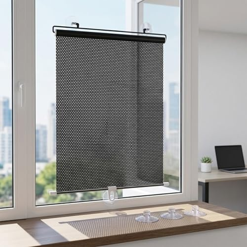 Estor Enrollable Sin Taladrar, Cortina Opaca con Ventosas, Estor Enrollable Retráctil, Parasol Temporal Térmico Anti-UV para Ventanas de Cristal, Oficina, Coche(Blacks,35W x 65 cm H)