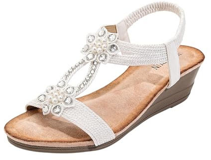 Sandalias de cuña baja para mujer, con correa en T, con diamantes de imitación florales, puntera abierta, zapatos elásticos para verano, elegantes zapatos de fiesta