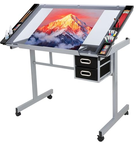 JupiterForce Adjustable Drafting Table Art Desk Drawing Table Versatile Art Craft Work Station Glass Tabletop w/2 Slide Drawers and Wheels for Reading, Writing, Painting Home Office