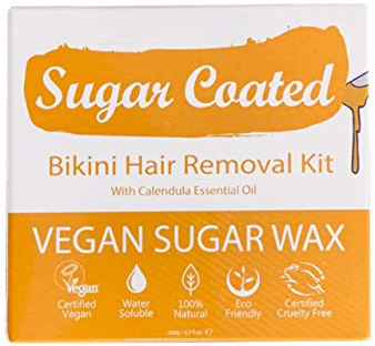 Sugar Coated Bio-Bikini-Zuckerwachs-Set mit Streifen, natürliche Haarentfernung für die Bikinizone, Zuckerwachs für zu Hause mit Ringelblumenöl für empfindliche Haut, nicht schädliches Wachs, 200 g