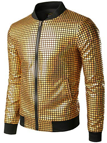 JOGAL - Giacca bomber da baseball da uomo, metallizzata con paillettes, anni 70, per discoteca, party, costume, gold, XL