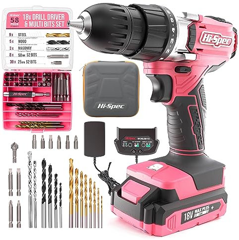 Hi-Spec 58pc 18V Pink Womens Electric Cordless Power Ladies Drill Driver Set with Rechargeable Battery, Power Screwdriver Bits, Wood and Metal Drill Bits. All in a Compact Case