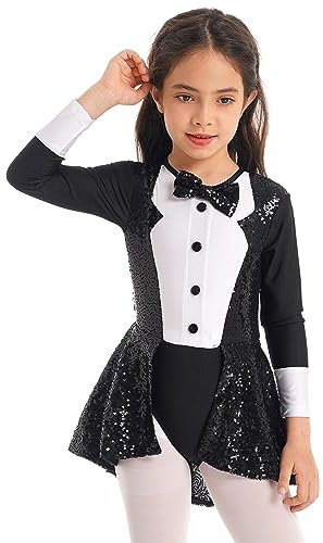 Agoky Mädchen Pailletten Ballettkleid Langarm Tanzkleid mit Hemd Kragen Knöpfe Kinder Ballettanzug Body Tutu Tanzkleidung Schwarz Langarm 110-116