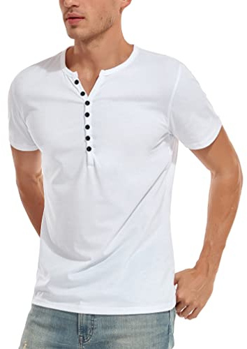 WAZZAP Maglie a Manica Corta da Uomo Henley Bottoni Casual Slim Fit T-Shirt Estate Cotone con Girocollo