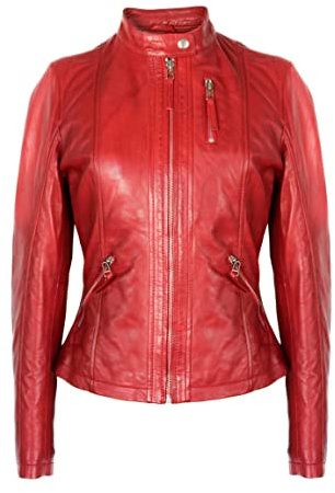 Zerimar Giacca da Motociclista in Pelle | Giacche Invernali Donna | Giacche da Donna | Biker Donna | Giacche di Pelle Classiche | Colore Rosso | Taglia M
