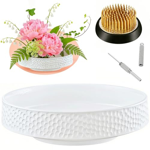 Japanese Ikebana Vase Kit, Flower Shallow Container Ceramics Flower Bowl Ikebana Vase with 1.57inch Flower Frog and Floral Frog Floristry Kenzan Needle Straightening Tool