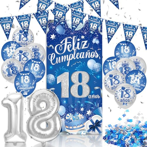 DPKOW Español Decoraciones Cumpleaños 18 años Chico Azul Plateado, Banderolas Pancarta Feliz Cumpleaños 18 años Globo de Aluminio Látex de Confeti Decoración