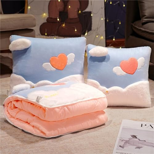 Hixingo Reisedecke und Kissen 2 in 1, Reisedecke mit Kissen Set Multifunktionale Reise Decke und Kissen 2 in 1 Weichem Flugzeug Verwandlungskissen für Urlaub, Camping (35 * 35cm,Hellblaues Herz)