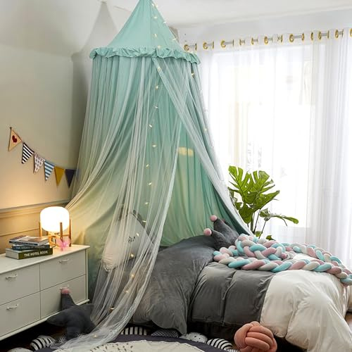 HUOQOU Dosel de Cama para niñas Doble Capa Princesa Cúpula Redonda Mosquitera soñadora Habitación de niñas Castillo Tienda de Juego Casa Colgante Decoración Rincón de Lectura Doseles(Verde/Blanco)