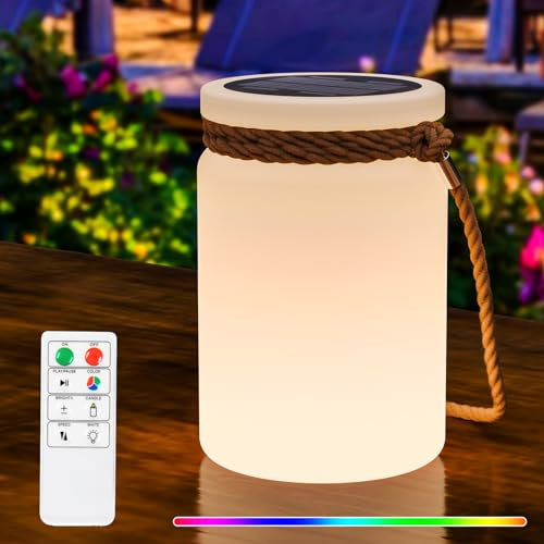 RWWR Solar Lampe Outdoor Tischlampe Solarlampen LED 2-in-1 Aufladung LED tischleuchte Akku kabellos mit Fernsteuerung 8 Farben Dimmbar IP44 für Terrasse Camping Garten Balkon (A)