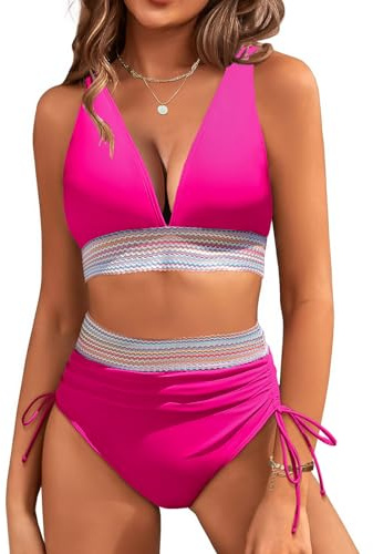 RITOSTA Dam Baddräkt Hög Midja Tvådelad Sexig Hav Bikini Med Dragsko Kostymer Push Up Vadderad V-ringning BH Badkläder Strandklänningar Tankini Sommar Strandkläder, Rosa röd, M