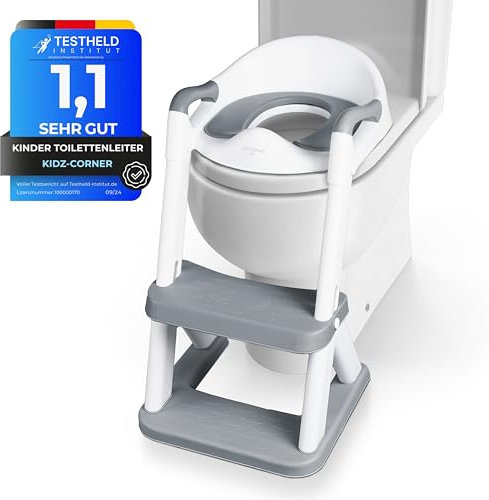 KidzCorner Kinder Toilettensitz mit Treppe, höhenverstellbare Toilettenleiter klappbar auch als Tritthocker verwendbar. WC Sitz fürs Töpfchen Training.