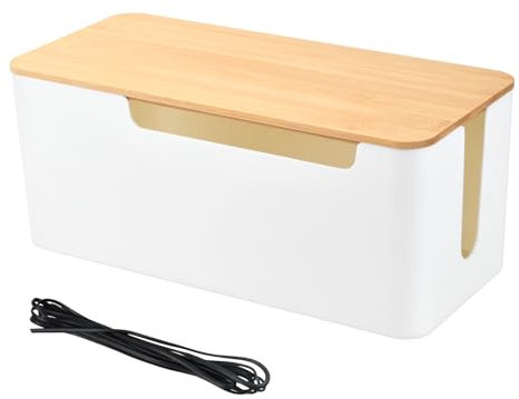 Cable Tidy Box, Large Cable Management, Plastic Cord Wire Organiser Box, Desk Cable Management Box, Cable Storage Box with Bamboo Lid for Home Office Hiding Messy Cables