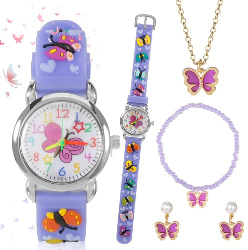 YUWJOOWEE Kinderuhren für Mädchen, Kinder Analoge Quarzuhr Schmetterling Armbanduhr 3D Cartoon Mädchenuhr Kinder Uhr Nette Armbanduhr wasserdichte Kinderuhr Kinderuhren mit Schmuckset für 3-10 Jahre