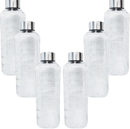 Pack de 6 botellas de cristal para agua, botella agua cristal 1 litro, botella agua vidrio con tapa, jarra agua nevera (6 unidades - 1 l.)