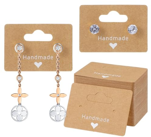 100Pcs Earring Display Holder Cards, 2 Inch Earring Display Cards with Holes for Selling, Brown Kraftpaper Handmade with Love Jewelry Displays Card for Selling Jewelry Retail DIY Craft