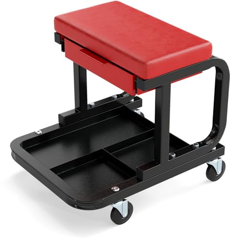 GOPLUS Werkstatthocker Rollsitz, Werkstattstuhl belastbar bis zu 185 kg, Rollhocker Werkstatt mit 360° Rollen & ausziehbare Schublade & Werkzeugablage, Arbeitshocker für die Garage (Rot)