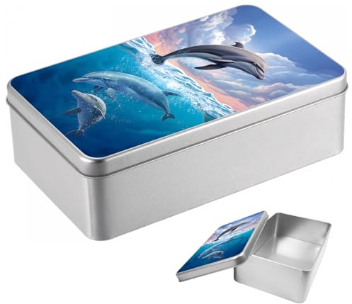 CAPAUNVDA Metal Tin Box with Lid, Rectangular Empty Tinplate Storage Container, Lightweight Portable Tin Case for Crafts, Jewelry, Candles, Gifts, Cute Dolphin