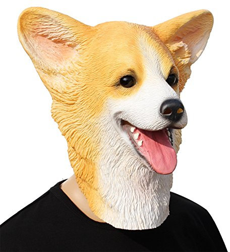 CreepyParty Welsh Corgi Mask Latex Realistic Animal Dog Full Head Masks for Halloween Costume Party Carnival Cosplay
