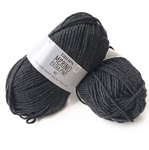 Superwash 100% Merino Wool Yarn for Knitting and Crocheting, 3 or Light, DK, Leight Worsted Weight, Drops Merino Extra Fine, 1.8 oz 115 Yards per Ball (03 Dark Grey)