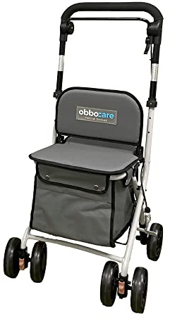 Obbocare Carro De La Compra De 4 Ruedas Con Asiento En Color Gris. Carro Andador De Aluminio Plegable Para Ancianos. Carrito Con Bolsa Portaobjetos 20L