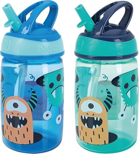 Nuby Mighty Swig Water Bottle - No Spill Active Toddler Sippy Cup | 360ml / 12oz | Carry Handle | Dishwasher and Microwave Safe | Suitable Beaker for 18 Months Plus (Monsters, Pack of 2)