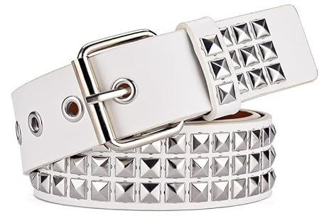 YYHJM Ceinture cloutée à 3 rangées de pyramides en cuir PU noir avec clous argentés, blanc