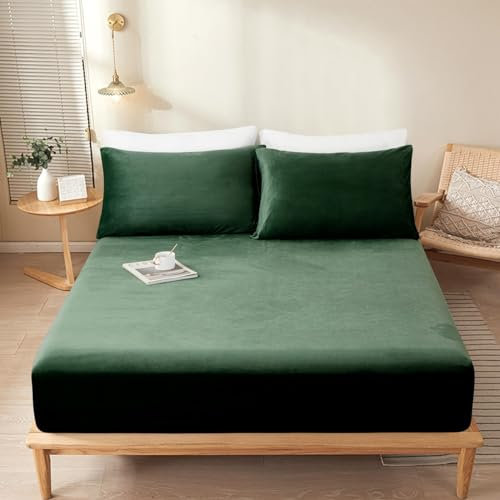 Sedefen Warme Spannbettlaken 90x200cm Dunkelgrün Grün Winter Flannell Bettlaken Plüsch Flauschige Cashmere Touch Boxspringbett Spannbetttuch für 25 bis 30cm Matraze
