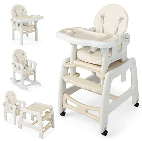COSTWAY 3 in 1 Seggiolone Pappa Bambini, Seggiolone Neonati con Vassoio Rimovibile, Sedia e Tavolo Convertibile Ragazzi, Schienale Regolabile, Cintura di Sicurezza, per Bambini 6-36 Mesi (Beige)