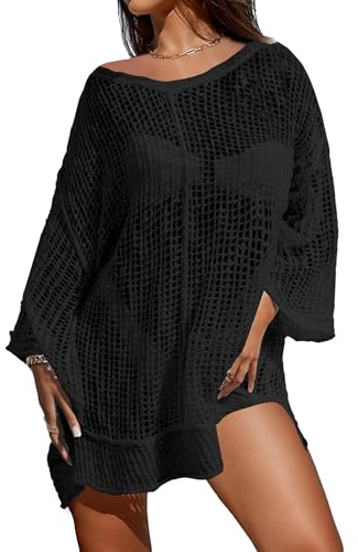 Bsubseach Crochet Cover Ups för badmode kvinnor sexig Hollow Out Beach Top stickad baddräkt Cover Up sommarkläder svart, B-Svart, one size