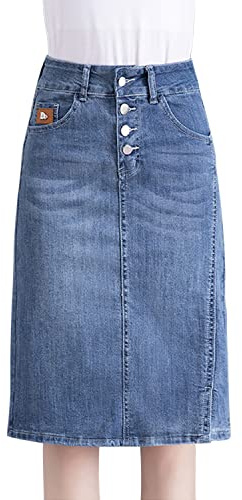 LAEMILIA Jupe en jean pour femme, longueur genou, taille haute, boutonnée sur le devant, jupe en jean, couleur unie, vintage, mi-longue, jupe droite, bleu, M