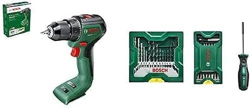 Bosch Akkuschrauber UniversalDrill 18V-60 (ohne Akku, 18 Volt System, im Karton) Schwarz + 25 + 15 + 1 Mini-X-Line Set plus Griff (für Metall, Holz, Stein, Zubehör Bohrmaschine)