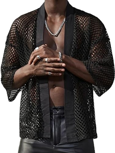 AIEOE Top Trasparente da Uomo Maglietta a Maniche Lunghe in Maglia Scavata Camicia Sexy Clubwear, Nero 09, L