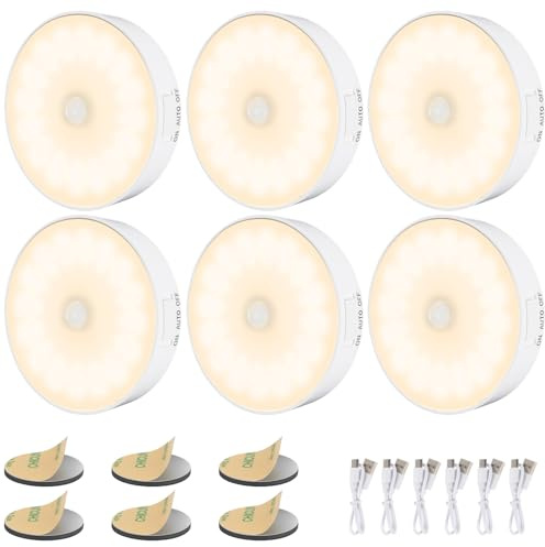 14 LED Nachtlicht mit Bewegungsmelder, 6 Pack Wiederaufladbar Nachtlampe mit USB-Kabeln, Auto/ON/Off, Stick Anywhere wie Treppe, Kinderzimmer, Schlafzimmer, Küche, Flur, Toilette - 3000K Warmweiß